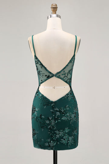 Dark Green Bodycon Backless Sheer Corset Homecoming Dress with Sequins